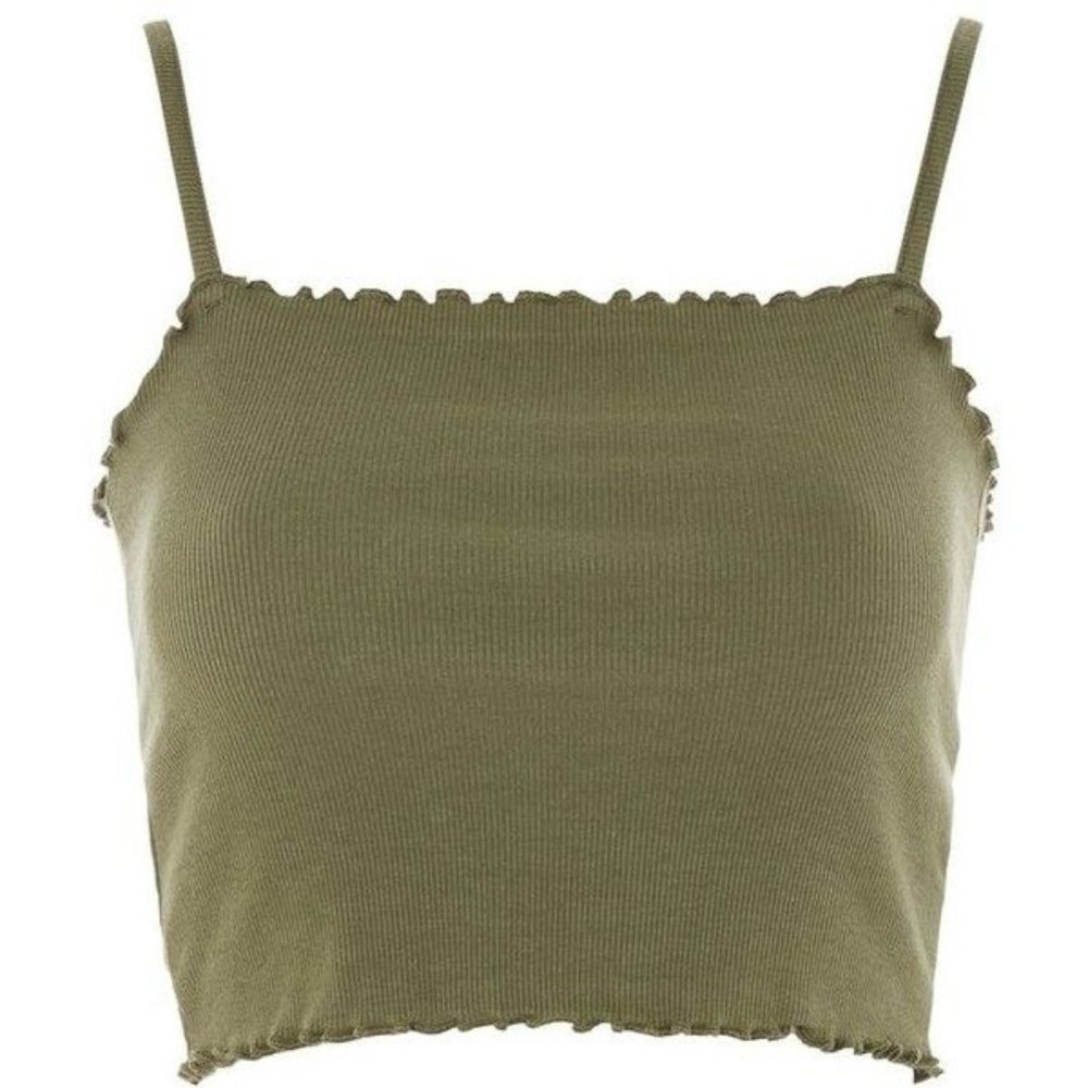 Top Shop Lettuce Hem Crop Tank Top, Khaki Green, Size 8